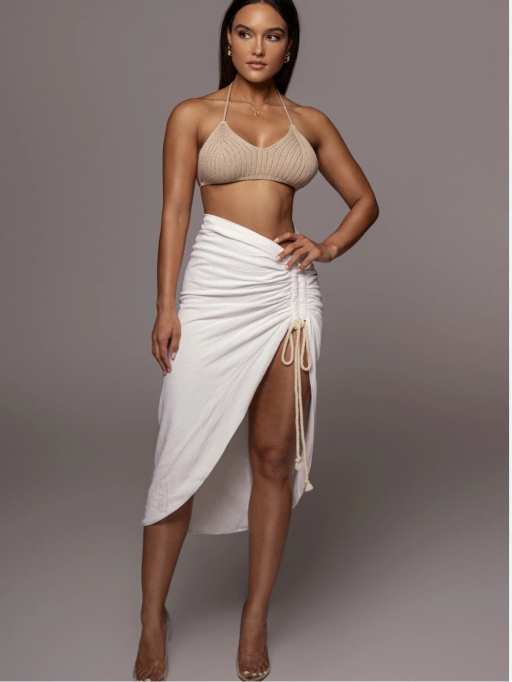 JLUXLABEL Ivory Spring Ruched Linen High-Low Tie-Side Midi Skirt